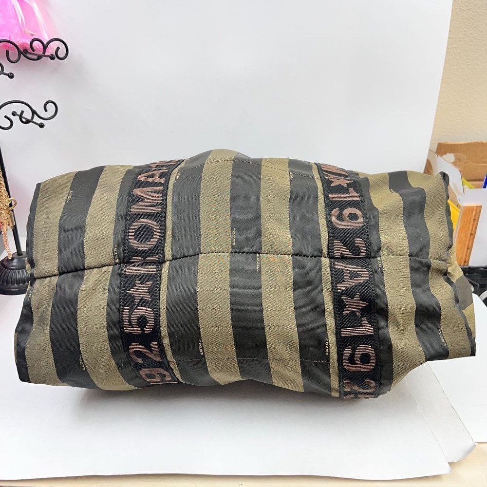 Auth Fendi Logo Weekender Overnight Pequin Stripe Bag Olive Canvas - Picture 7 of 16